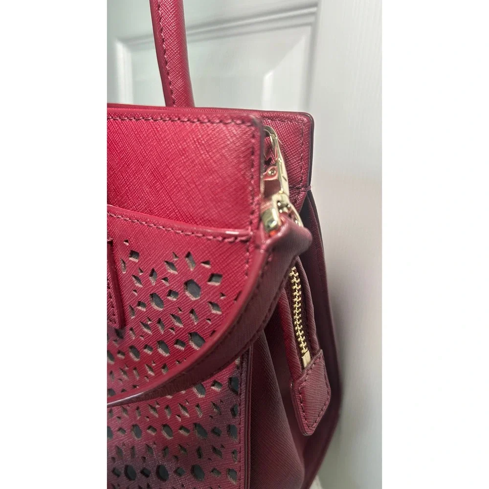 Kate‎ Spade Satchel Laser Cut Perforated Burgundy Saffiano Leather Tote Bag Red
